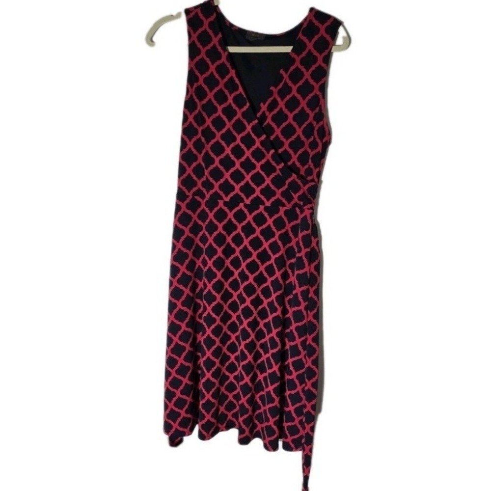 Mix by 41Hawthorn Navy Pink Geometric Faux Wrap Sleeveless Tie Waist Dress M